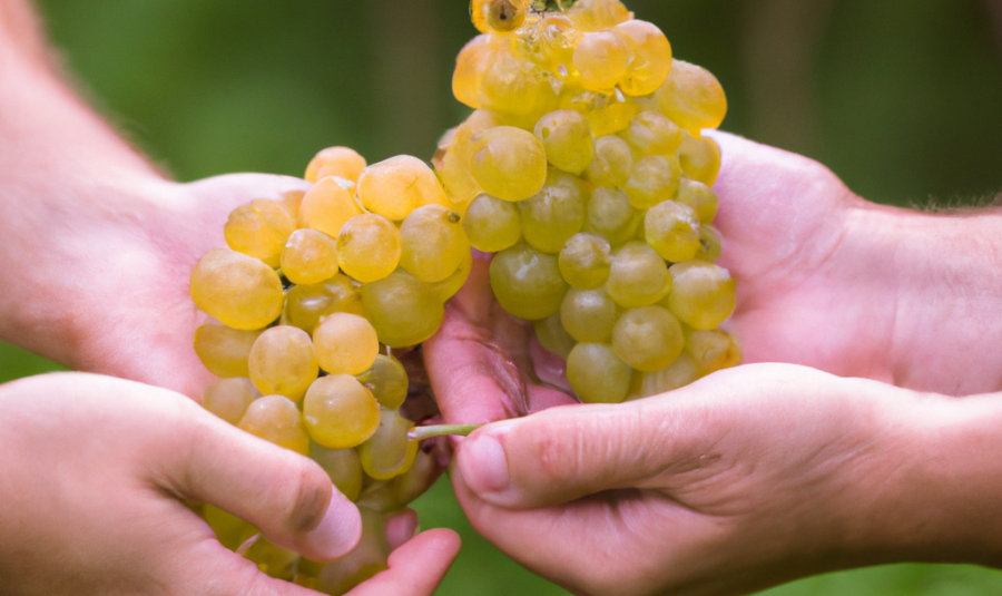 DALL·E-2023-02-18-13.29.25-tow-hands-holding-white-wine-grapes-with-fuzzy-wineyard-background